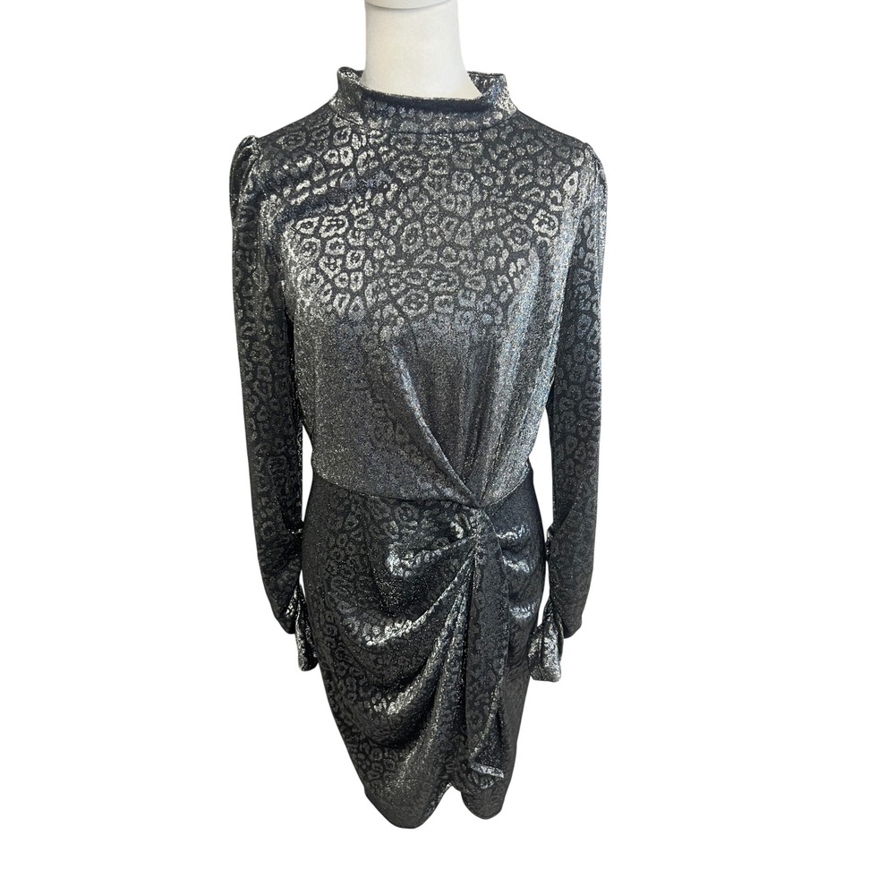 Calvin Klein Dress Sz 8 Leopard Metallic Silver Ruched Party Sheath Glam Party
